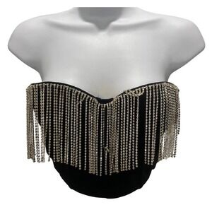 Womens Crystal Fringe Strapless Bustier Top Size M Night Out Y2K NYE Festival